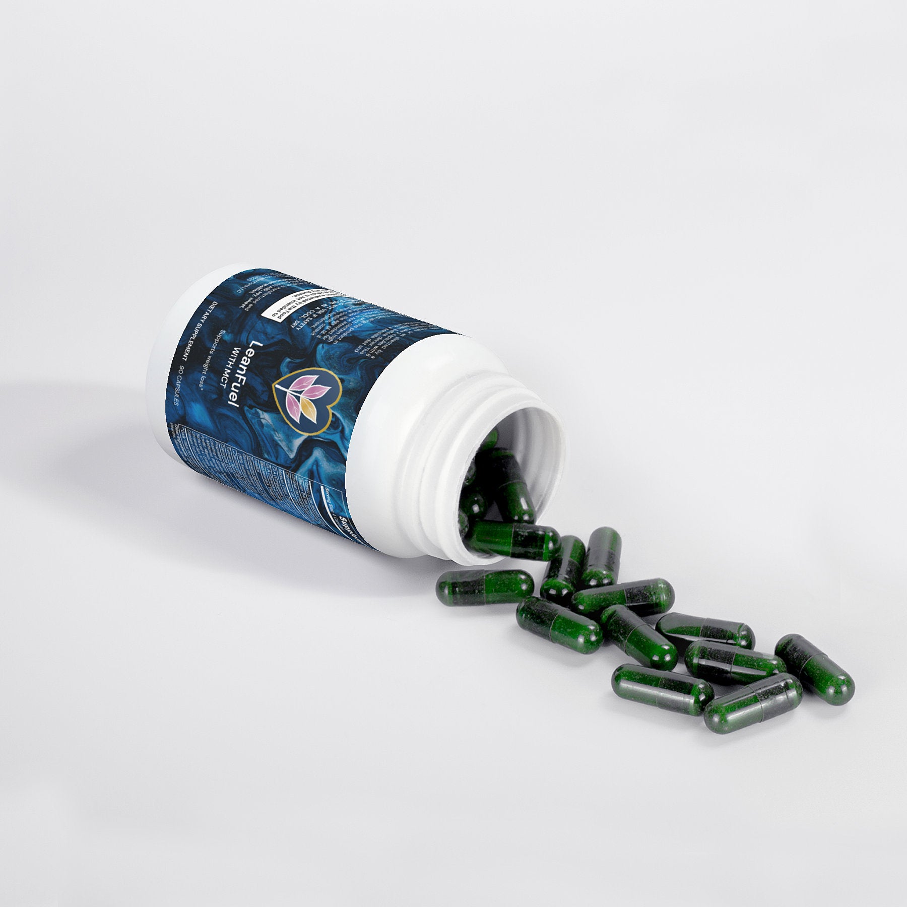 LeanFuel dietary supplement bottle with green capsules spilling out, designed to support metabolism and weight loss.