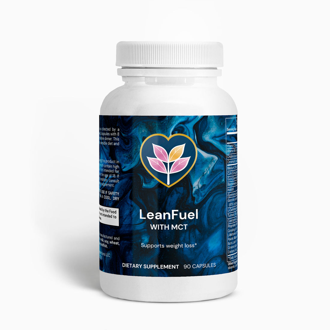 LeanFuel dietary supplement bottle with MCT, supports weight loss, contains 90 capsules, vibrant blue design.